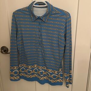 J. McLaughlin Chain Blue & Gold Button Top, size M